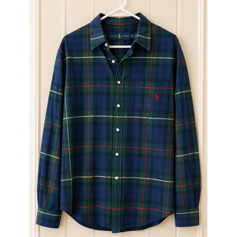 Polo Ralph Lauren Mens XXL Green Blue Tartan Plaid Long Sleeve Button Down Shirt